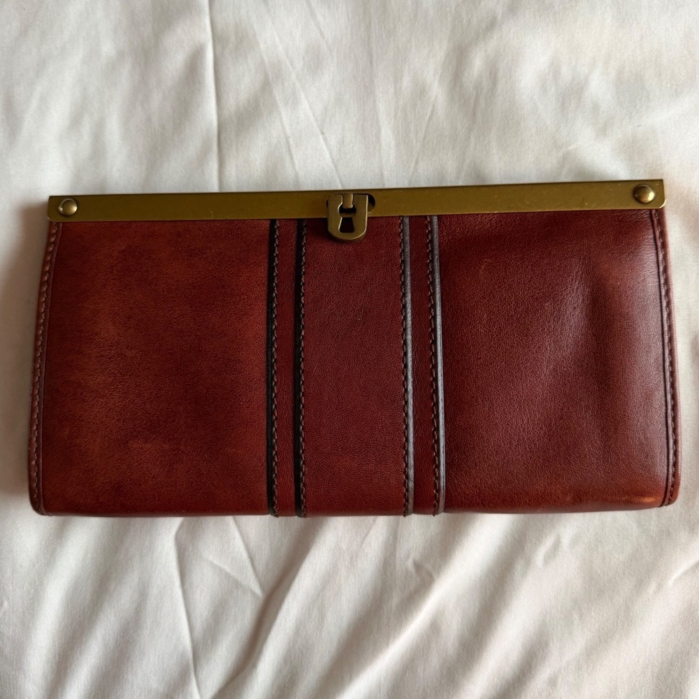 Fossil Leather Frame Clutch Wallet Cognac Brown SL3184 Brass Hardware